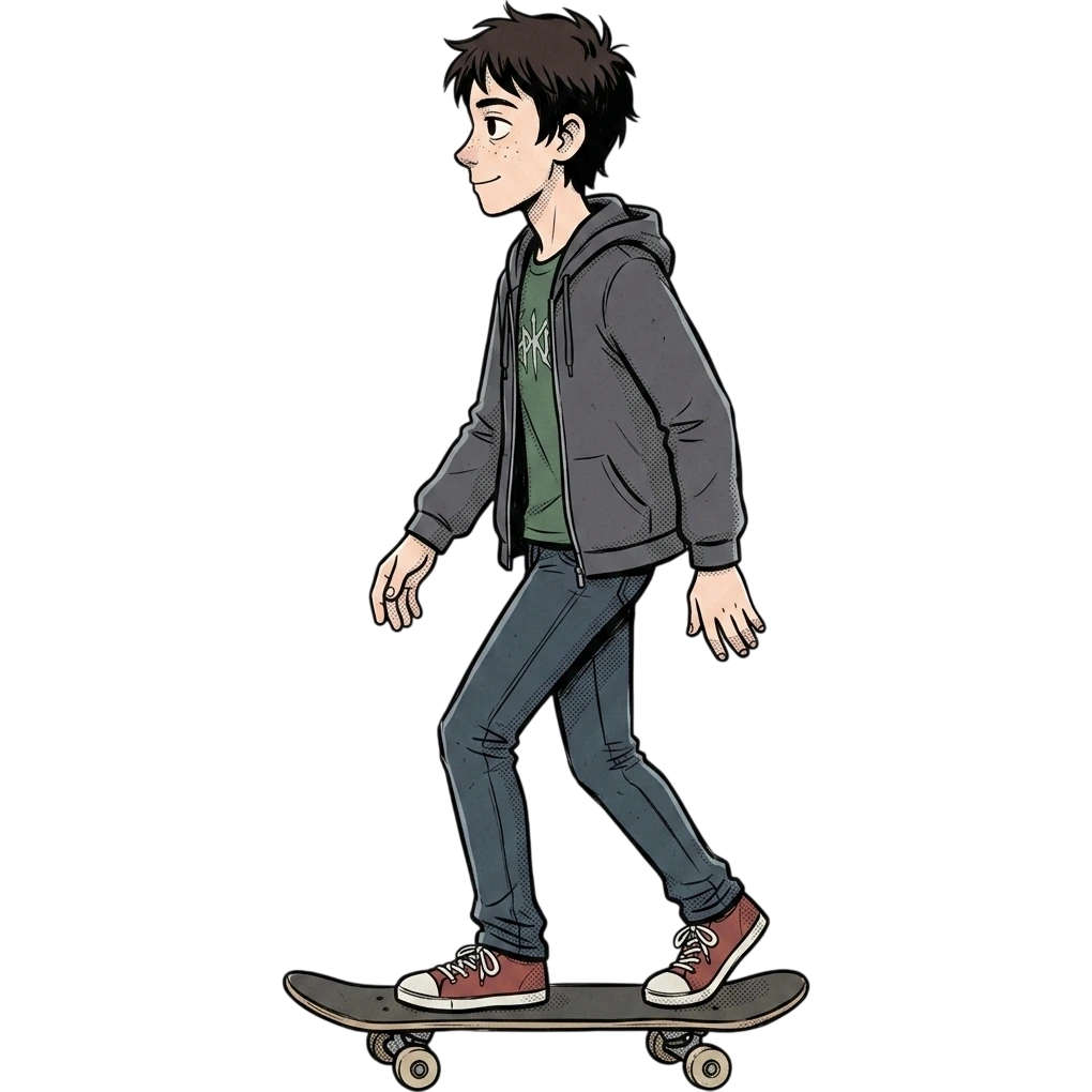 Personnage interactif MARAMEO qui arrive en skate et vous salue